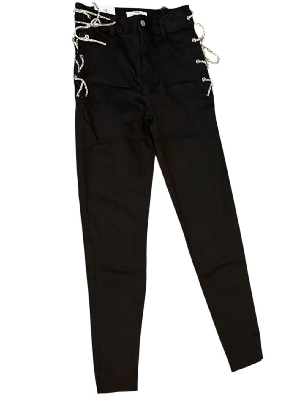 Labijou Black Lace Up Skinny Pants Silver Side Grommets Stretch Fit Size M